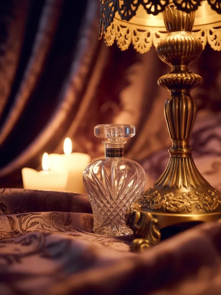 A luxury perfume bottle beside an ornate brass lamp, soft candlelight, velvet fabric background