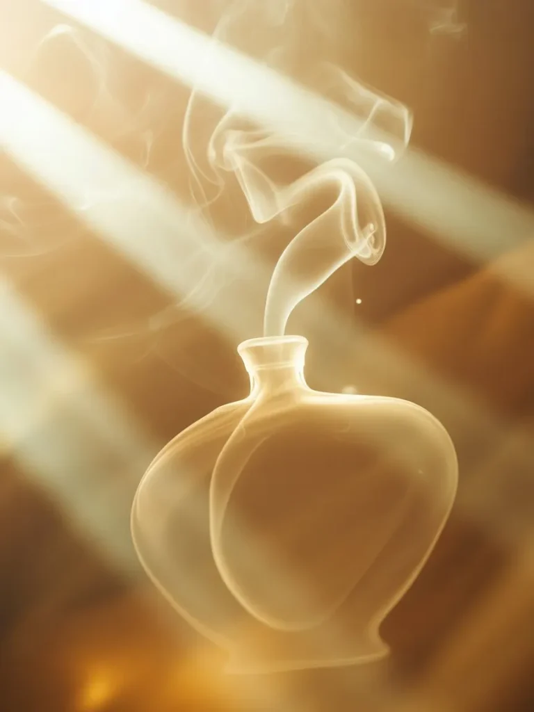 Abstract dreamy visual with smoke, gold light, and perfume silhouette
