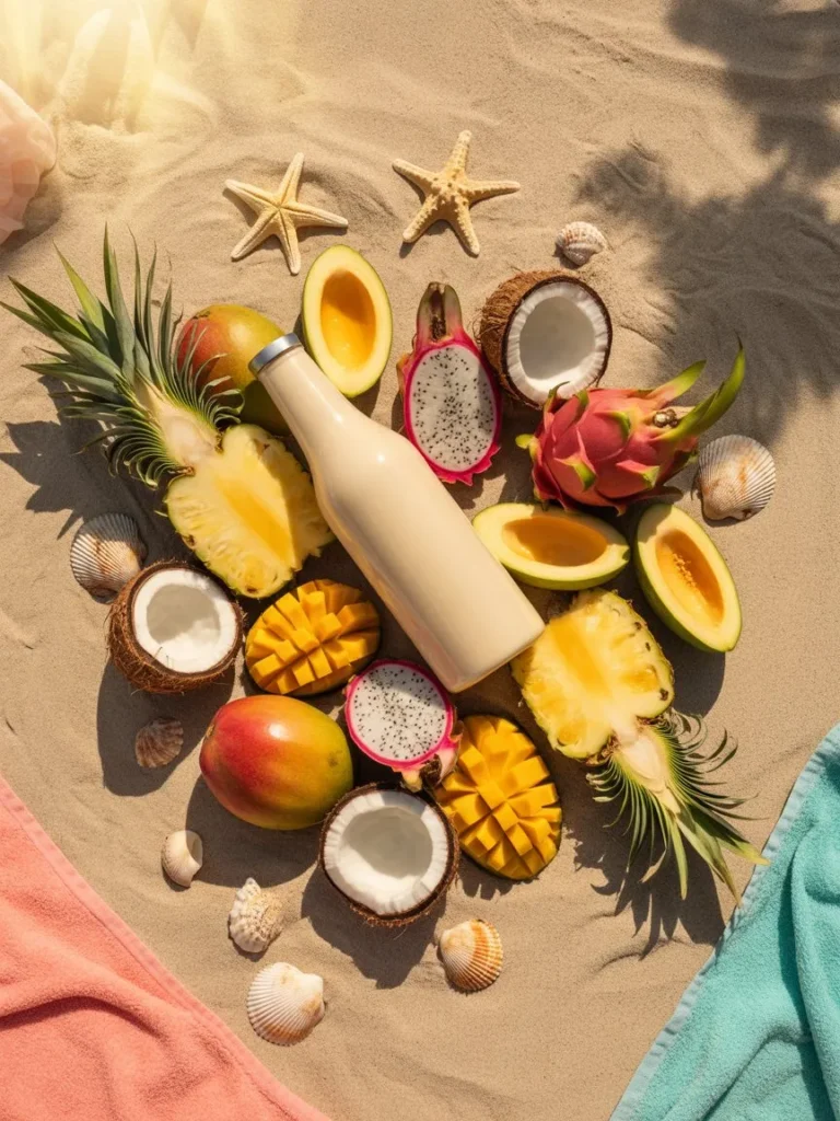 Bright summer flat-lay with the bottle surrounded by tropical fruits, warm sunlight, and beach textures