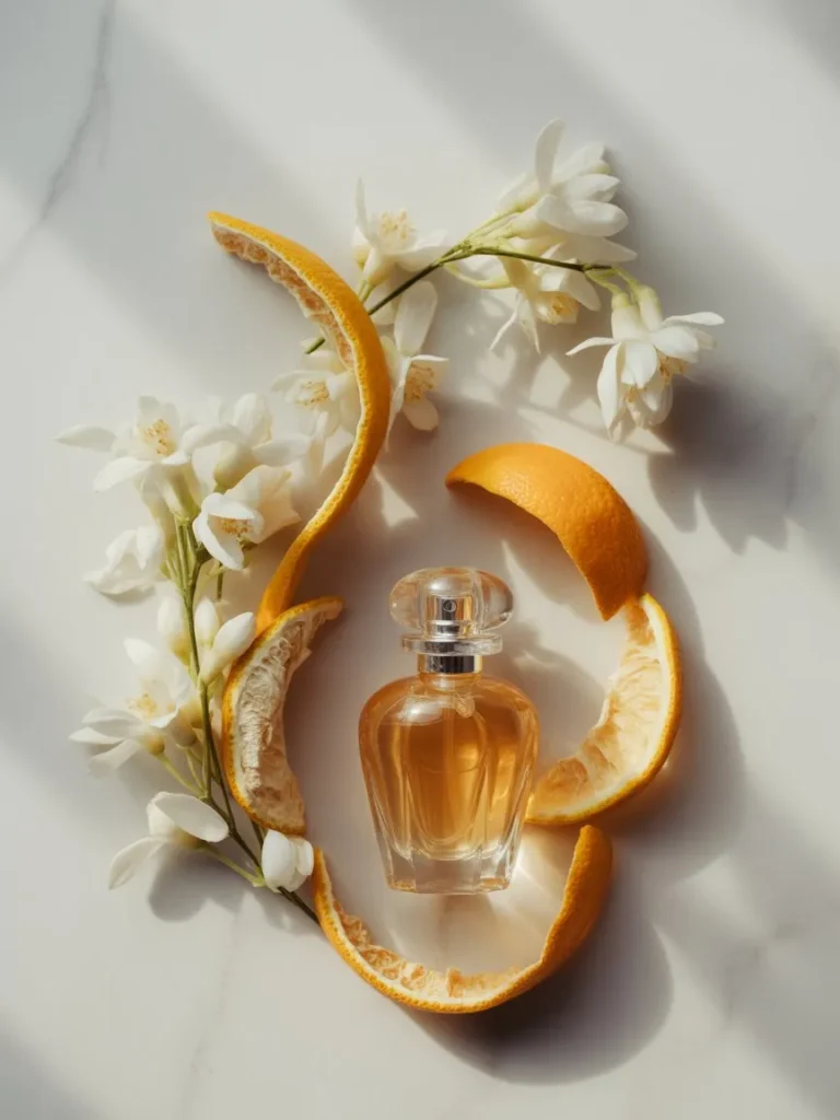 Clean fresh perfume notes flat lay