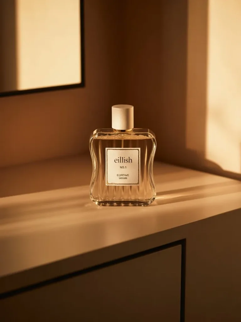 Close-up of the Eilish No. 1 perfume bottle displayed on a neutral-toned vanity with warm lighting, soft shadows, and minimal styling that highlights the sculptural bottle design.