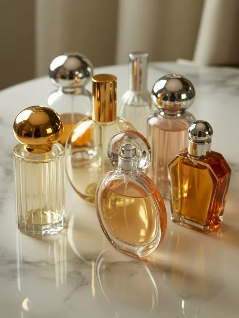 Close Up View Of Luxury Perfume Bottles Displayed On A Marble Table With Elegant Lighting