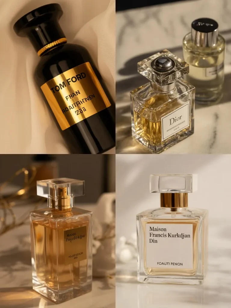Collage Style Image Featuring Tom Ford Dior And Maison Francis Kurkdjian Perfume Bottles Together