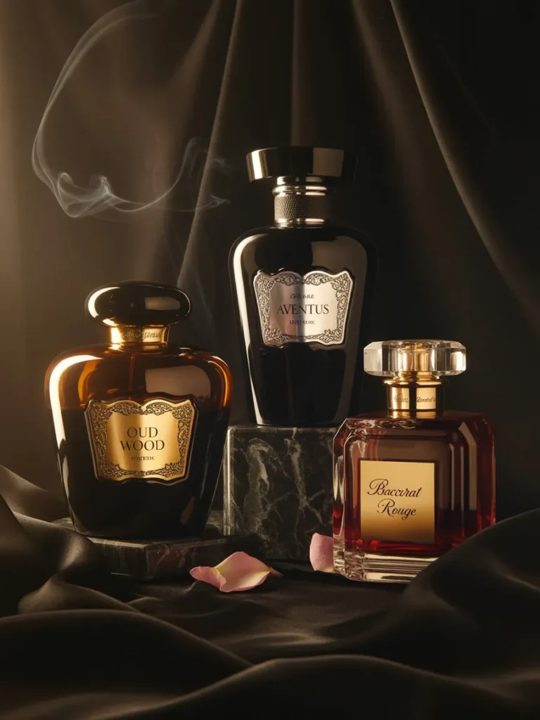 Dark Luxury Background Featuring Oud Wood Aventus And Baccarat Rouge Perfumes Styled Dramatically