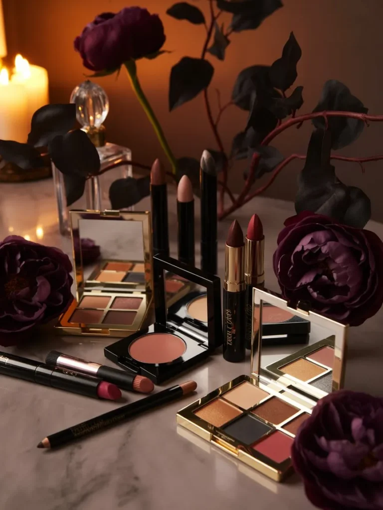 Evening glam setup featuring a perfume bottle with dark florals and bold makeup elements