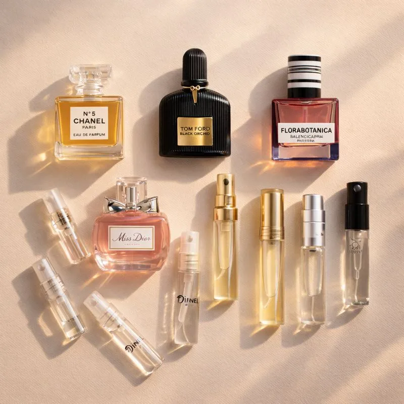Flat Lay Of Miniature Perfume Bottles Travel Sprays And Sample Vials On A Neutral Background With Soft Shadows And A Clean Luxury Aesthetic