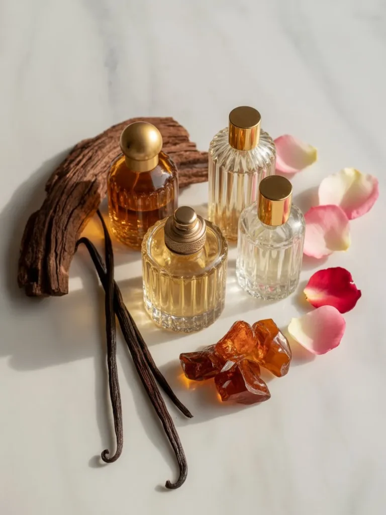 Flat Lay Of Perfume Bottles With Fragrance Note Ingredients Including Oud Wood Vanilla Pods Roses And Amber