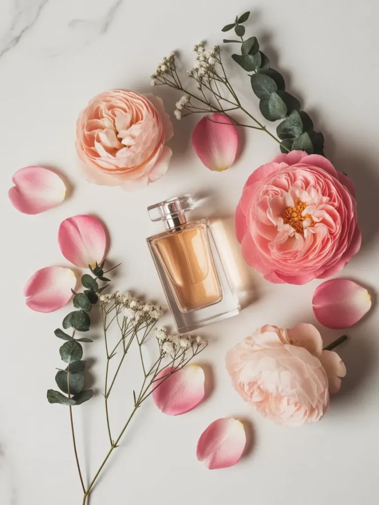  Fresh floral perfume notes flat lay