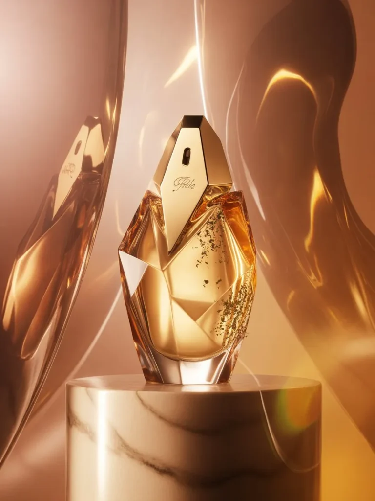 Glamorous high-fashion perfume shot featuring a luxury perfume bottle with warm dramatic shadows and elegant gold accents, styled for a premium editorial look.