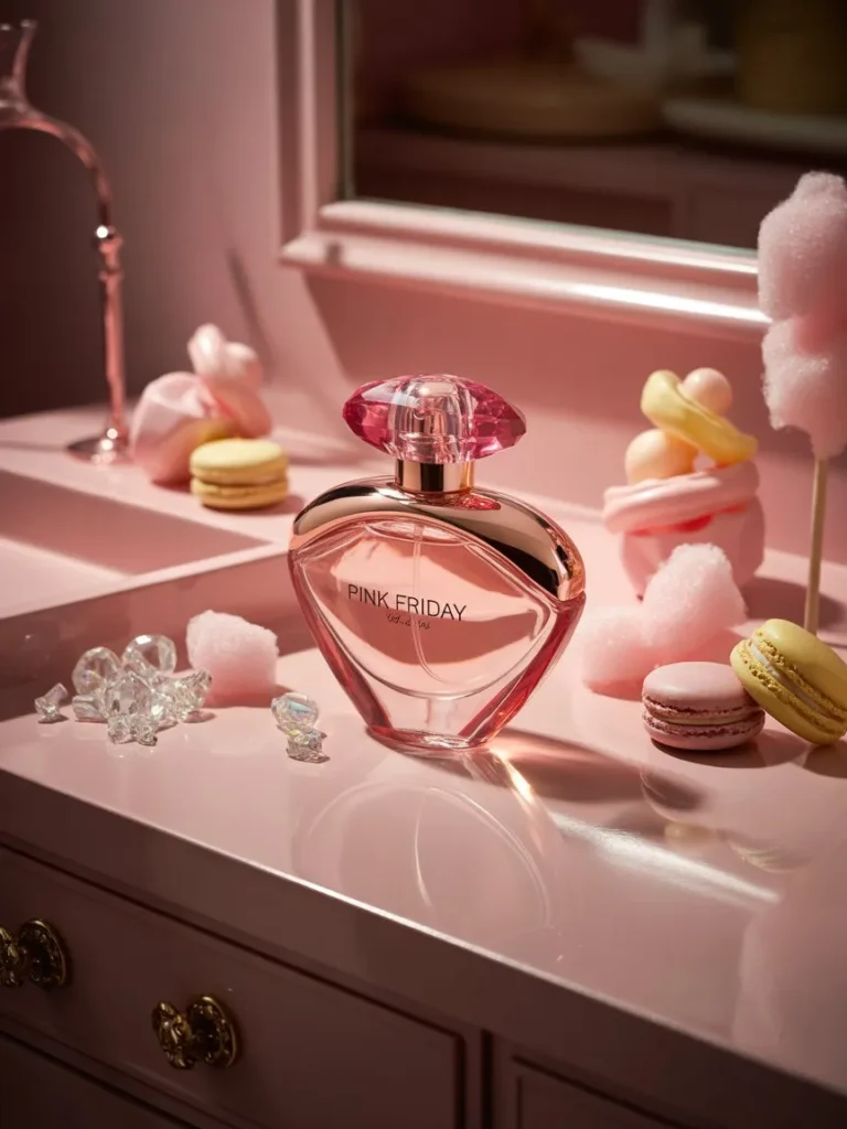 Hero image of the Nicki Minaj Pink Friday perfume bottle on a pink vanity with soft lighting and candy-inspired props
