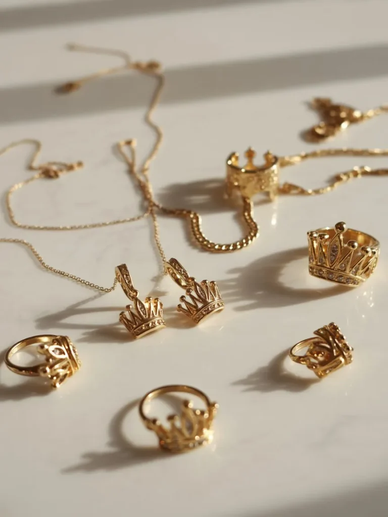 Luxury flat-lay featuring a perfume bottle with gold jewelry, a crown motif, and soft shadows