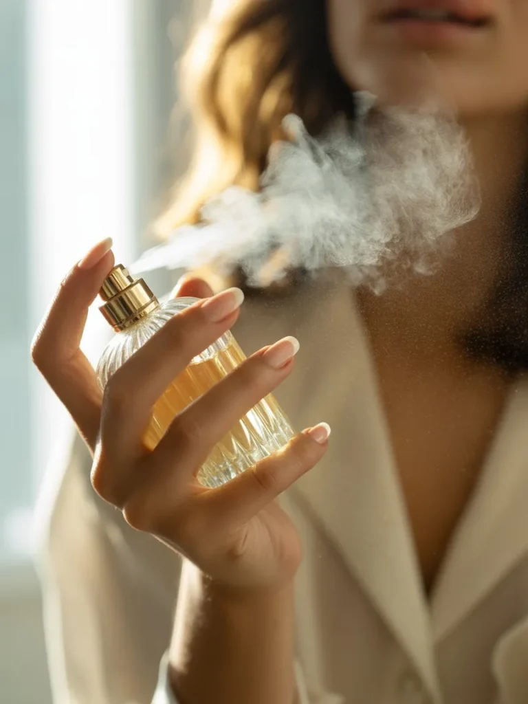 Luxury Lifestyle Shot Of A Person Spraying Perfume With Close Focus On The Bottle And Hand