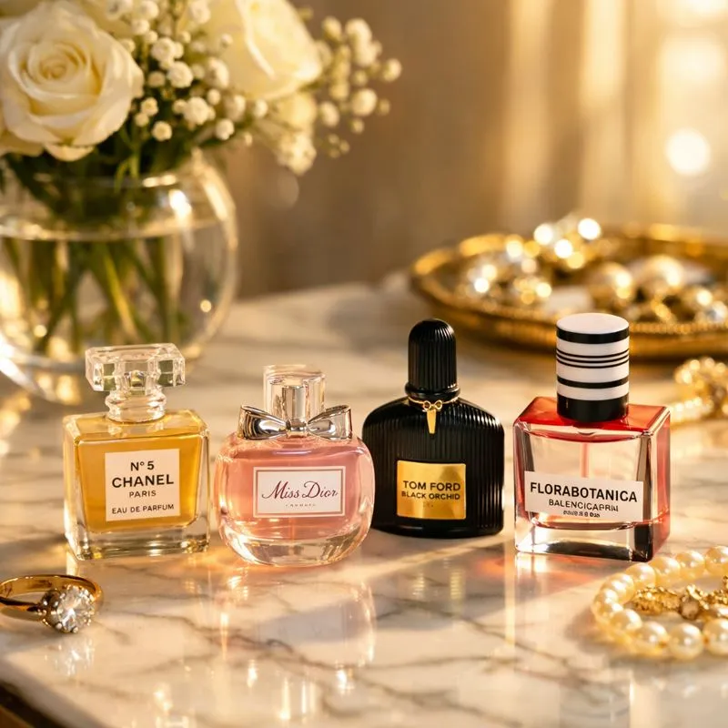 Luxury mini perfume bottles displayed on a marble vanity with golden sunlight, soft reflections, flowers and jewelry accents, cinematic lighting, and an elegant editorial photography style.