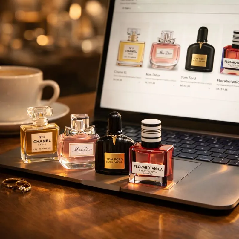 Mini Perfume Bottles Placed Beside A Laptop Showing A Shopping Page With Warm Cafe Lighting And A Luxury Lifestyle Mood In An Editorial Photography Style