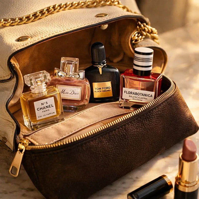 Mini Perfume Bottles Placed Inside A Stylish Handbag And Makeup Pouch With Warm Natural Lighting Luxury Lifestyle Mood Realistic Textures And Editorial Style Photography