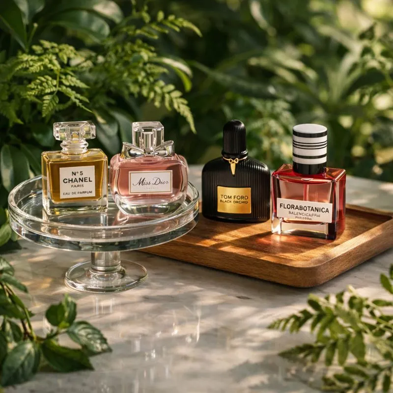 Mini Perfume Collection Arranged On Glass And Wooden Trays With Green Plants Soft Daylight And Cinematic Shadows In A Nature Inspired Luxury Style