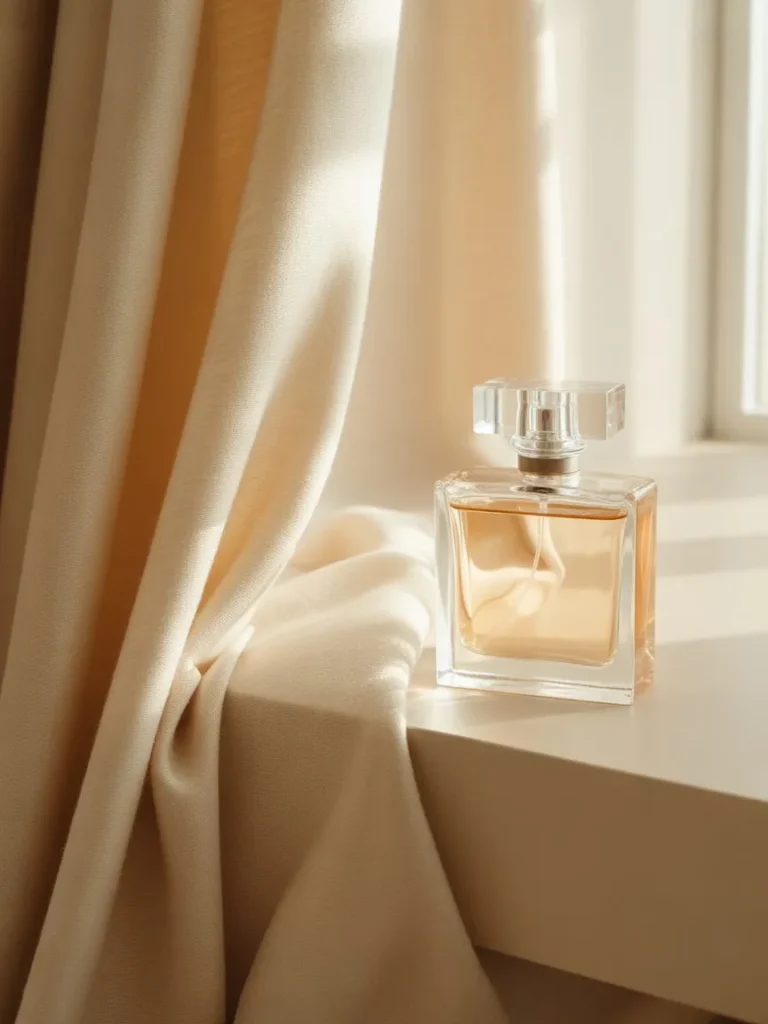 Minimal luxury lifestyle image showing a perfume bottle placed beside soft fabric, enhanced by warm indoor lighting for an elegant and cozy ambiance.