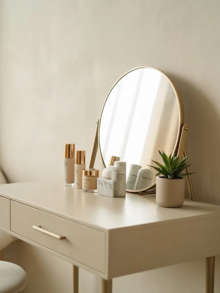 Minimalist vanity setup with neutral tones and elegant gold accents showcasing a perfume bottle
