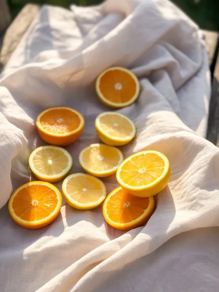 Outdoor lifestyle image with citrus slices, white linen, and sun-washed tones.