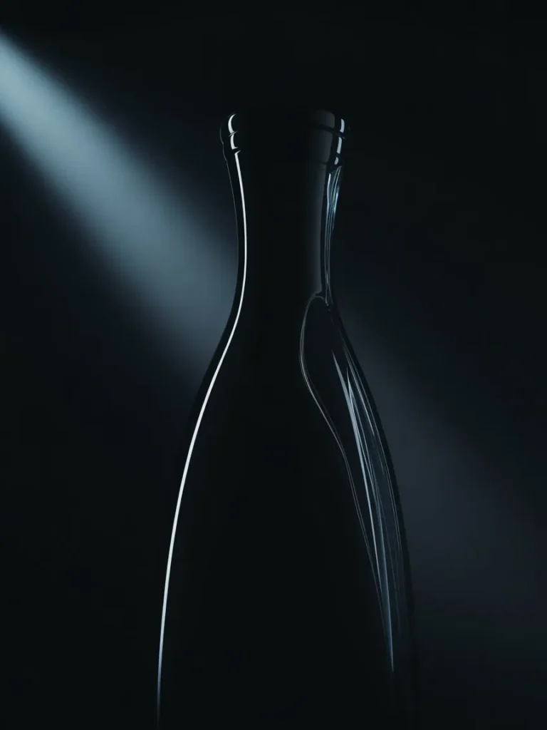 Perfume bottle silhouette highlighted with dramatic lighting against a dark background
