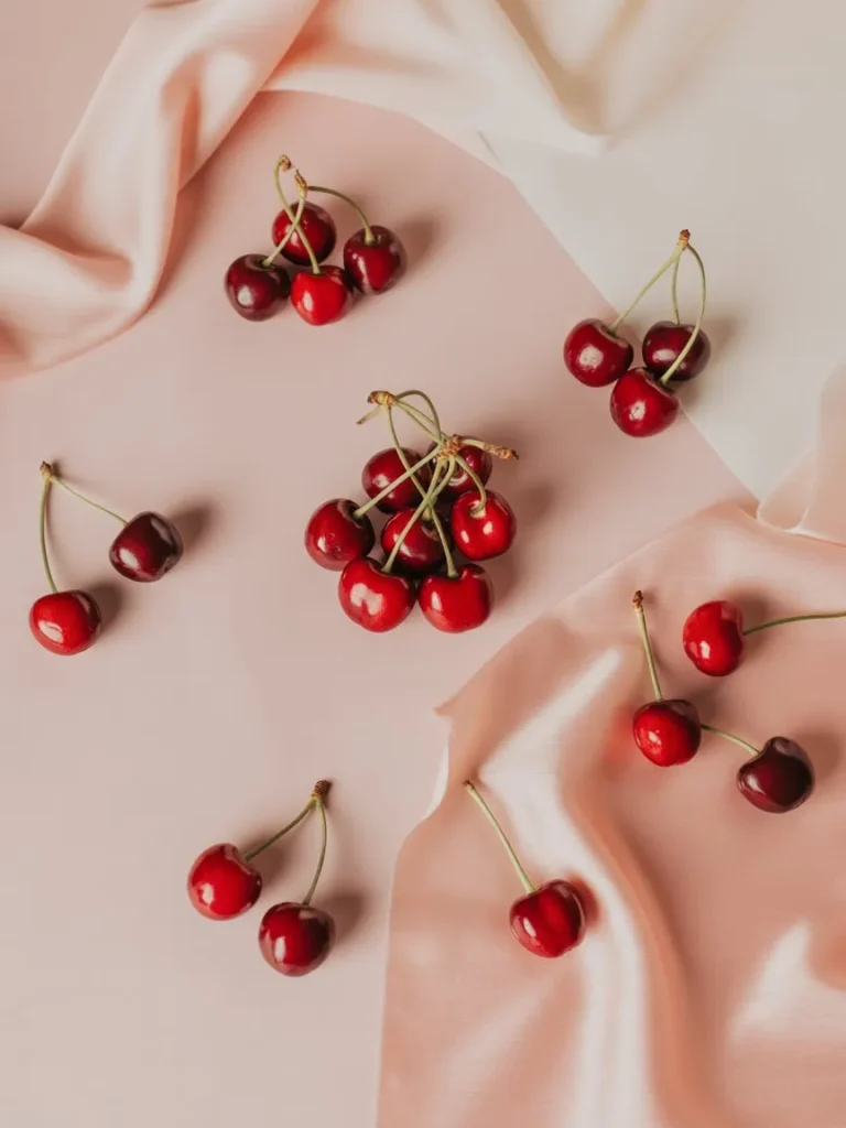 Pink-themed flat-lay with cherries and soft pastel backgrounds.