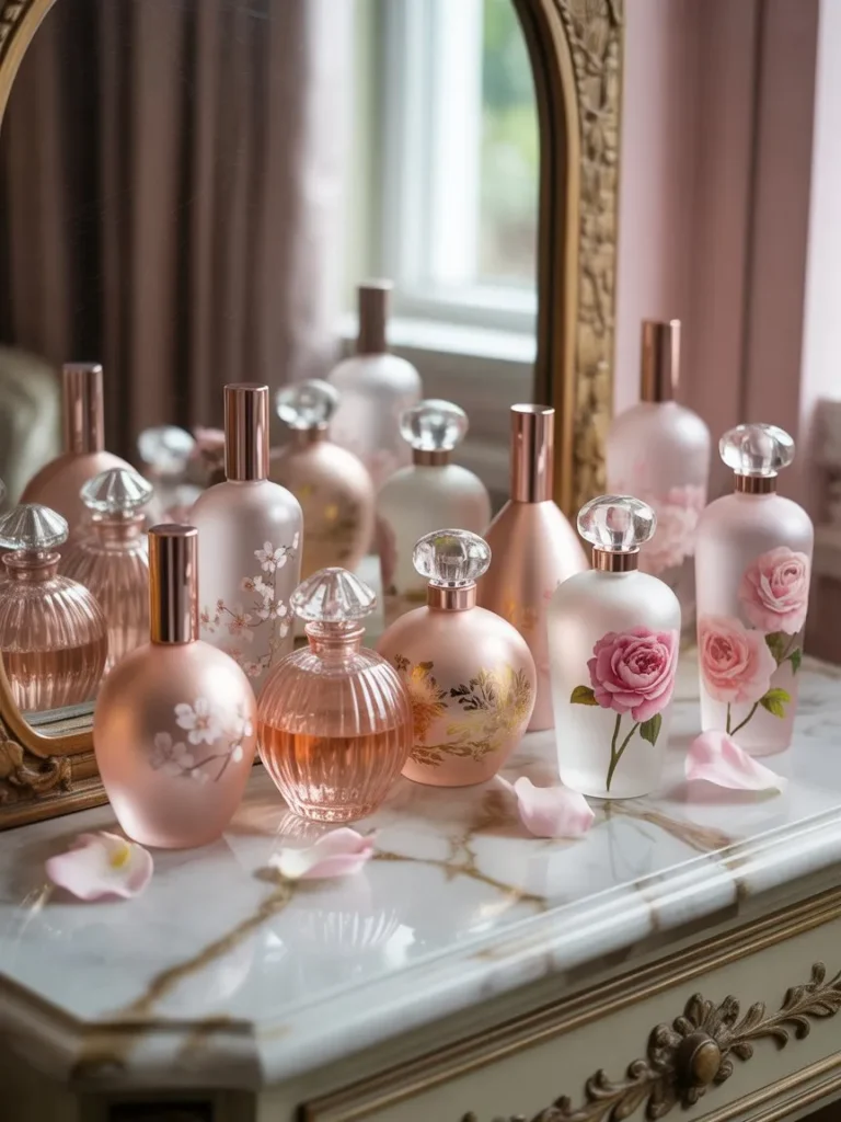 Romantic, feminine perfume bottles adorn the vanities.