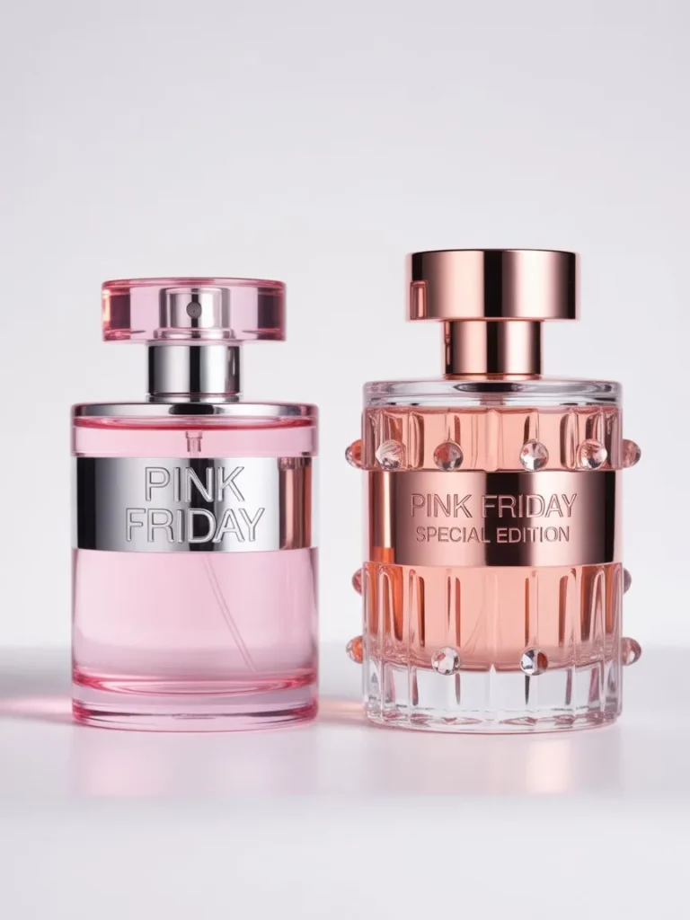 Side-by-side comparison image of the original Nicki Minaj Pink Friday perfume bottle and the Pink Friday Special Edition bottle