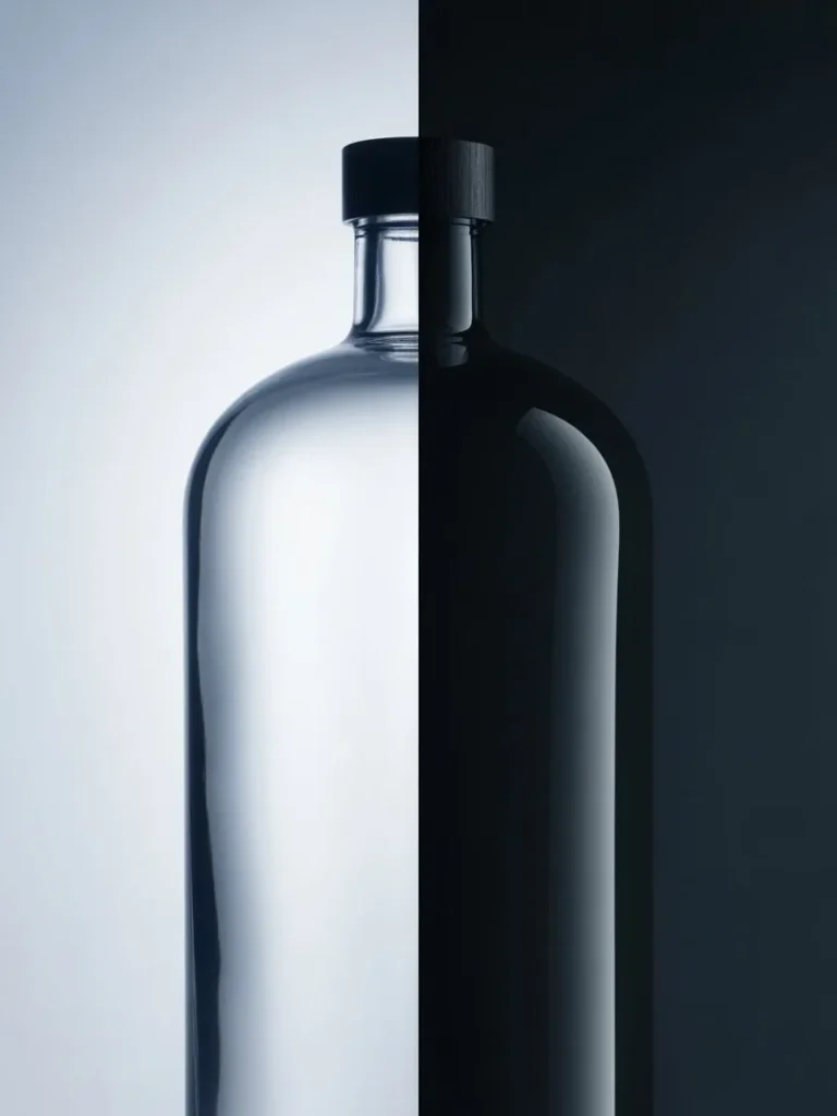 Side-by-side comparison of the Eilish perfume bottle shown against light and dark backgrounds to highlight contrast in color, texture, and overall appearance.