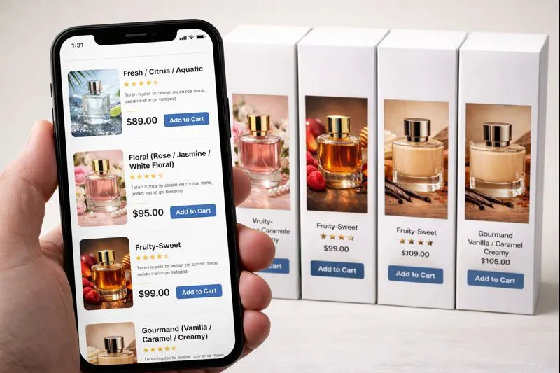 Smart Collection Perfume Buying Checklist Concept With A Phone Listing View And Perfume Packaging In The Background