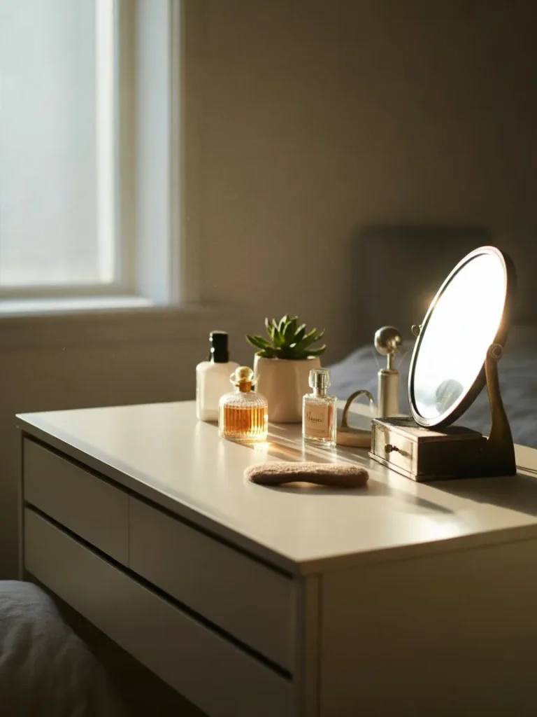 Soft, personal lifestyle shot of a perfume bottle on a bedroom vanity with natural light