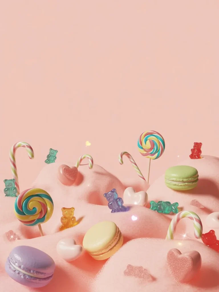 Soft pink background with candy elements and playful styling.