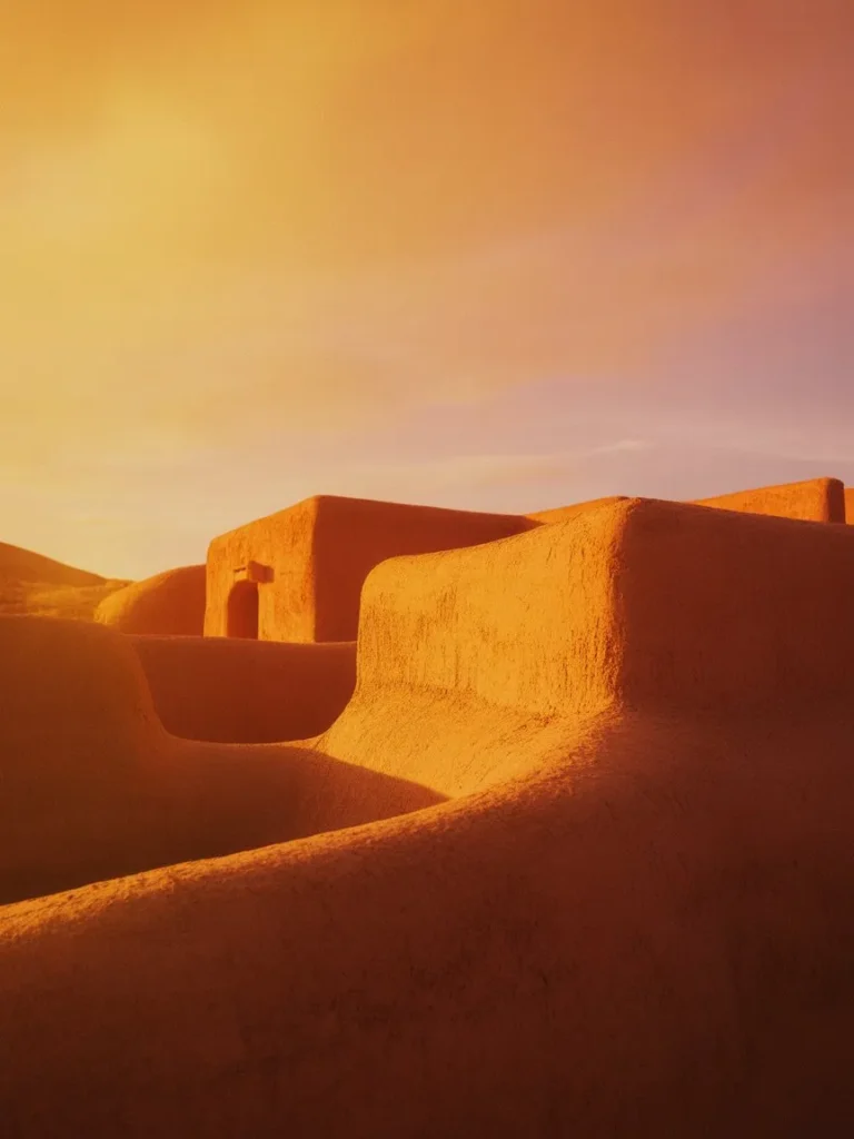 Warm sunset lighting with desert or terracotta tones.