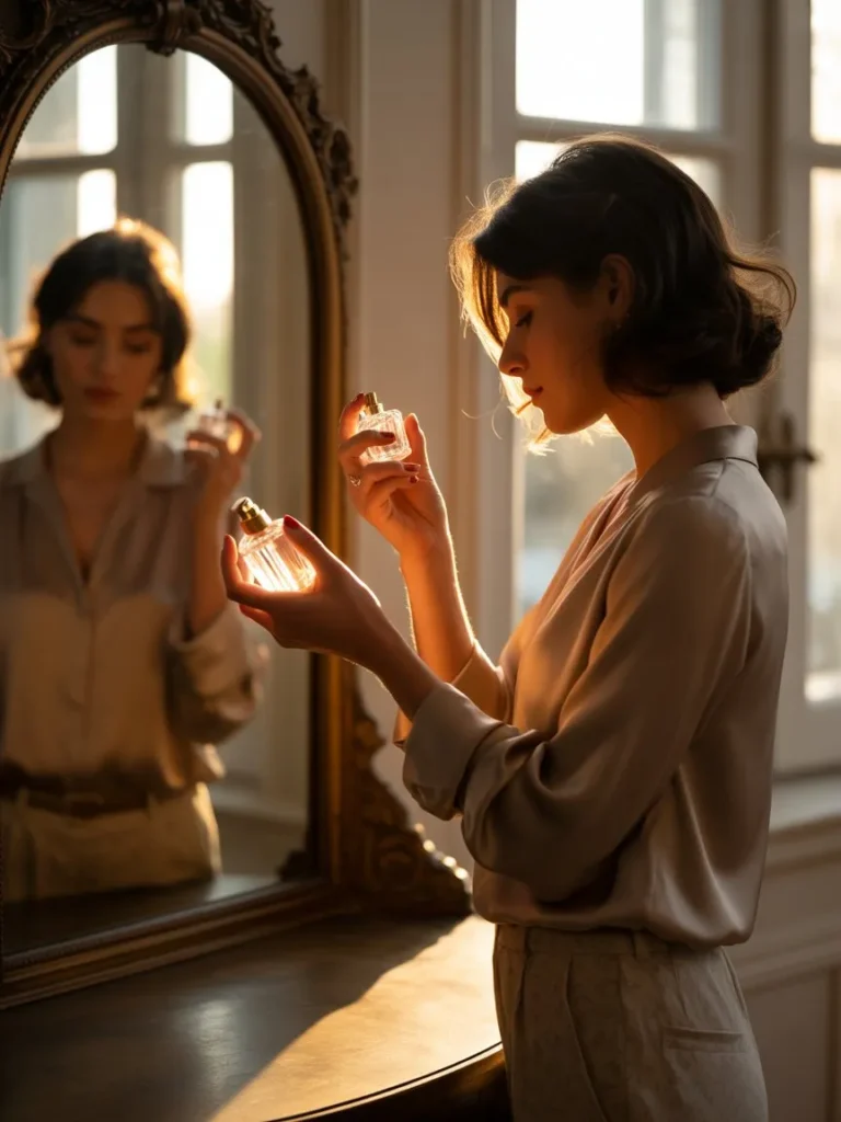 Woman applying perfume in soft evening lighting near a mirror