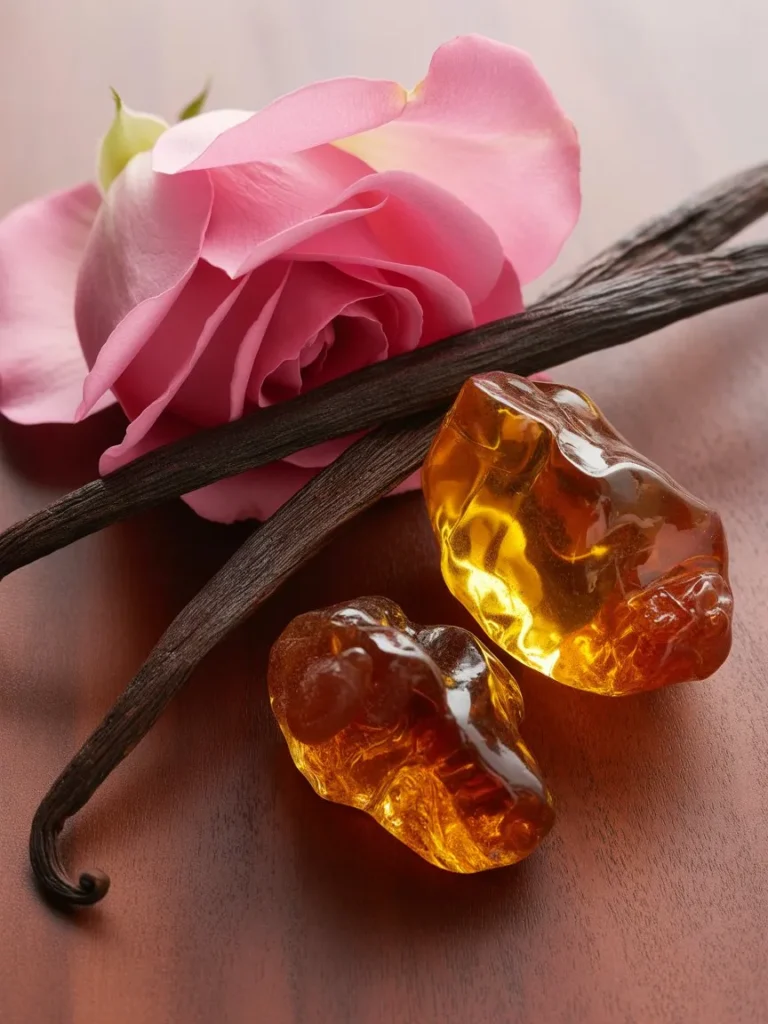 Ingredient-inspired image: vanilla pods, rose petals, amber resin